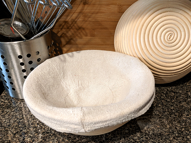banneton basket on countertop. items for beginner bakers. 