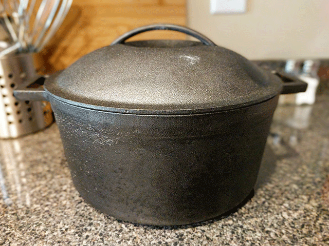 Dutch oven on countertop. Items for beginner bakers.
