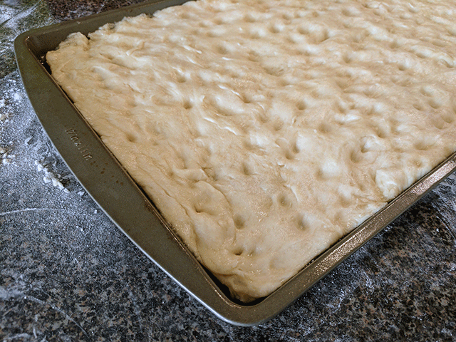 dimpled focaccia dough on pan