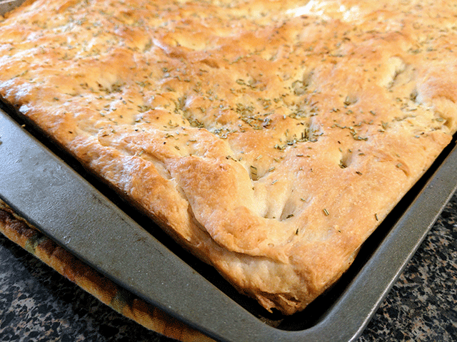 focaccia cooling in the pan