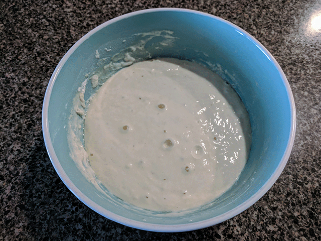 Levain in a bowl for no knead artisan-style sourdough bread