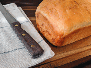 uncut cinnamon swirl raisin sourdough discard bread on a cutting board with bread knife and tea towel