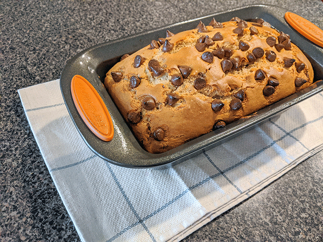 finished peanut butter chocolate chip bread in pan