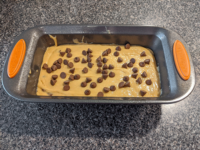 peanut butter bread batter with chocolate chips in pan