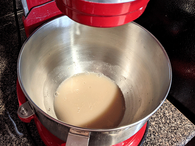 yeast and water in standing mixer for Classic 100% Whole Wheat Sandwich Bread