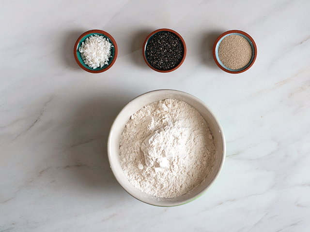 bakers percentages bowls of flour and other ingredients