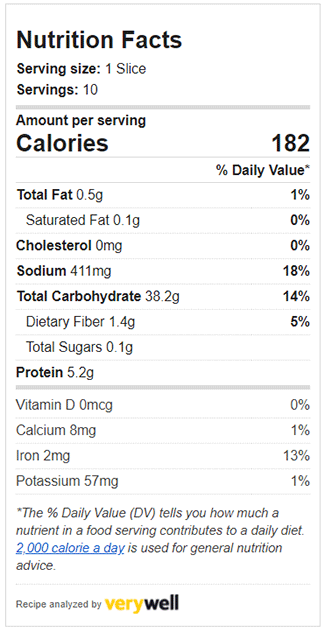same-day artisan-style white bread nutritional information