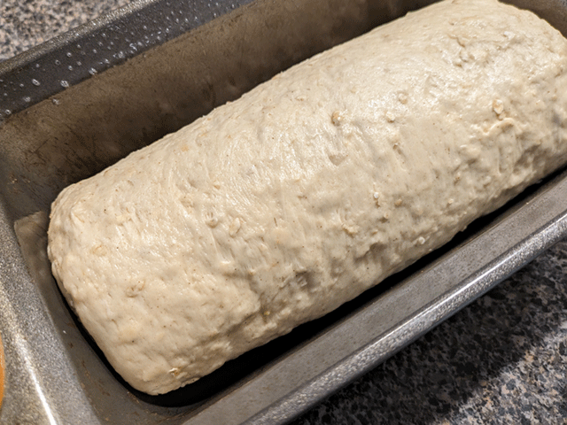 cinnamon swirl maple oatmeal raisin bread dough in pan